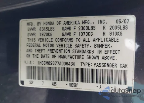 2007 Honda Accord 3.0 Ex from USA, damaged, VIN 1HGCM82677A006434